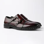 Men's Burgundy Double Monk Strap Formal Shoes with Studded Sole