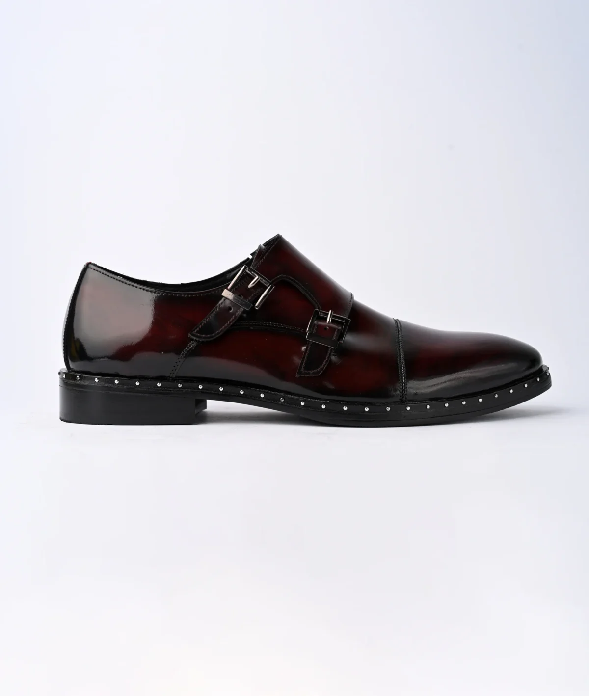 Men's Burgundy Double Monk Strap Formal Shoes with Studded Sole - Image 3