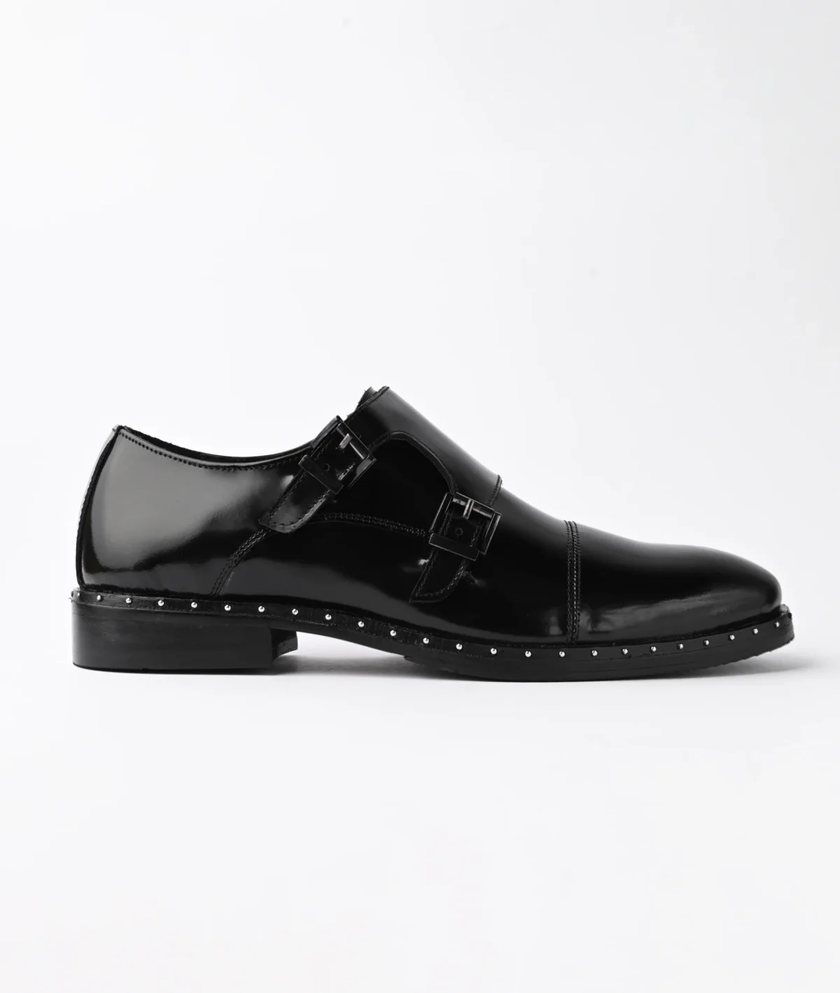 Black Leather Double Monk Strap Shoes with Studded Sole - Image 4