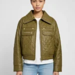 Dark Green Boxed Texture Leather Jacket