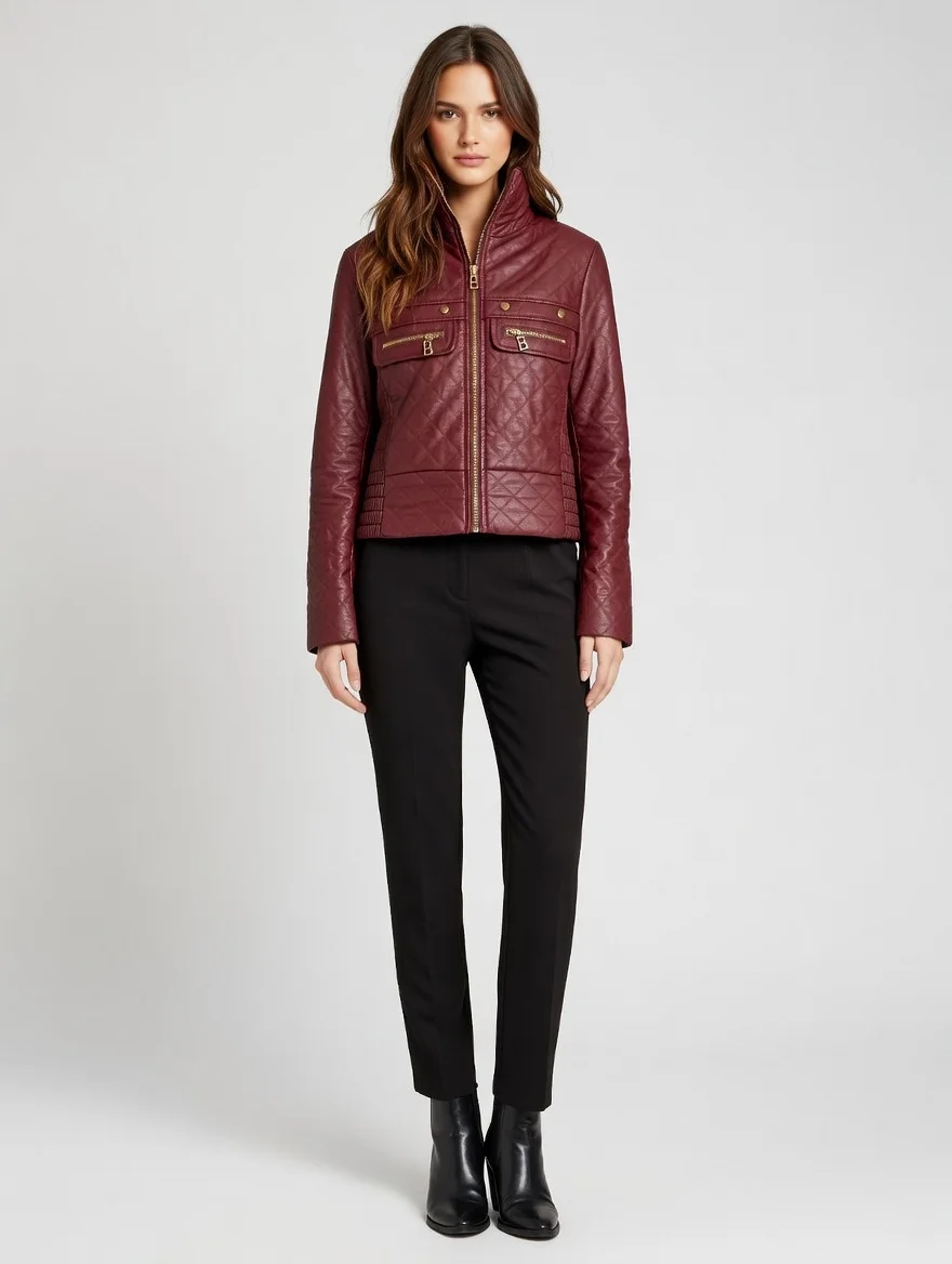 image Stylish Ladies Jacket Hooded Zipper Closure Maroon - Image 1